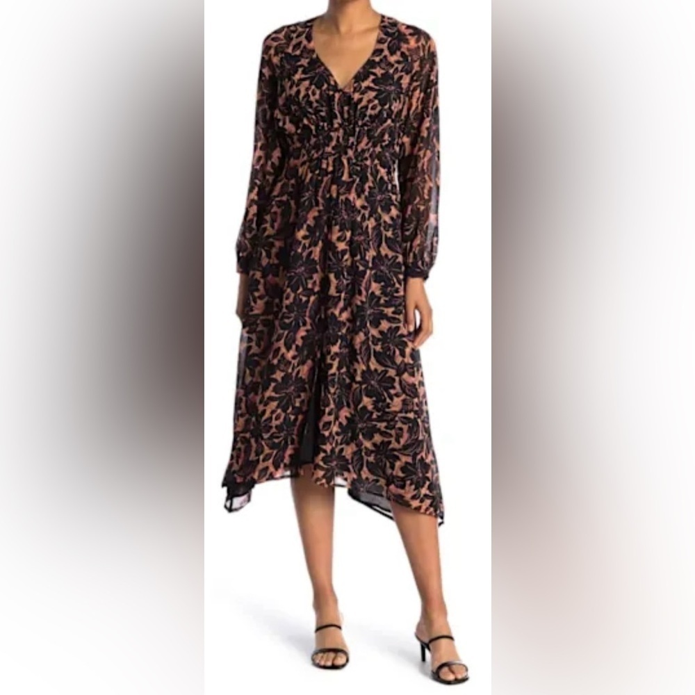 ASTR The Label Women’s Pemberly Black Coral Floral Midi Dress Size L